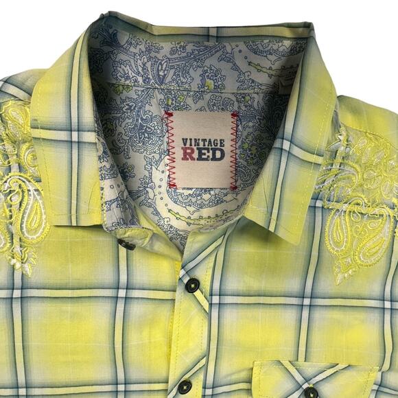 Vintage Red Button Up Casual Embroidered Short Sleeve Shirt Men L Yellow Blue - Picture 2 of 10